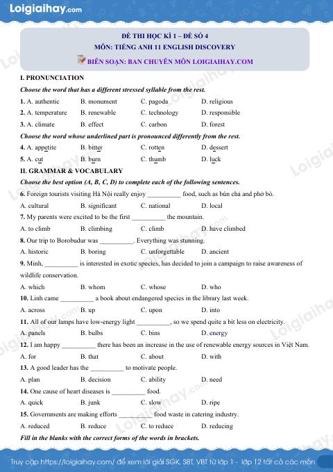 Đề thi học kì 1 Tiếng Anh 11 English Discovery - Đề số 4